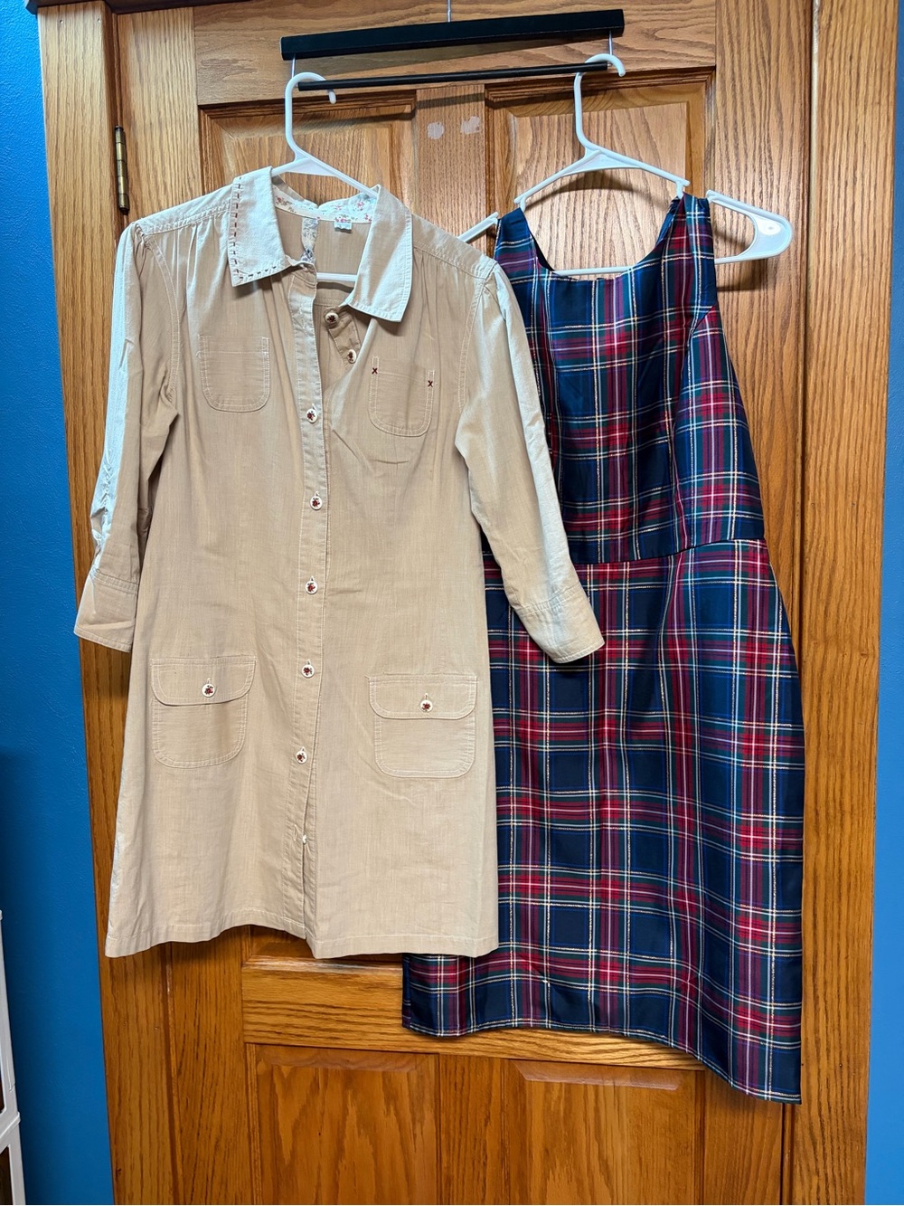 Beige Shirt Dress and Navy Plaid Pinafore Set